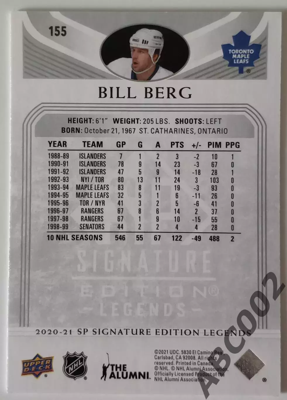 Карточка НХЛ / Bill Berg / Maple Leafs 1