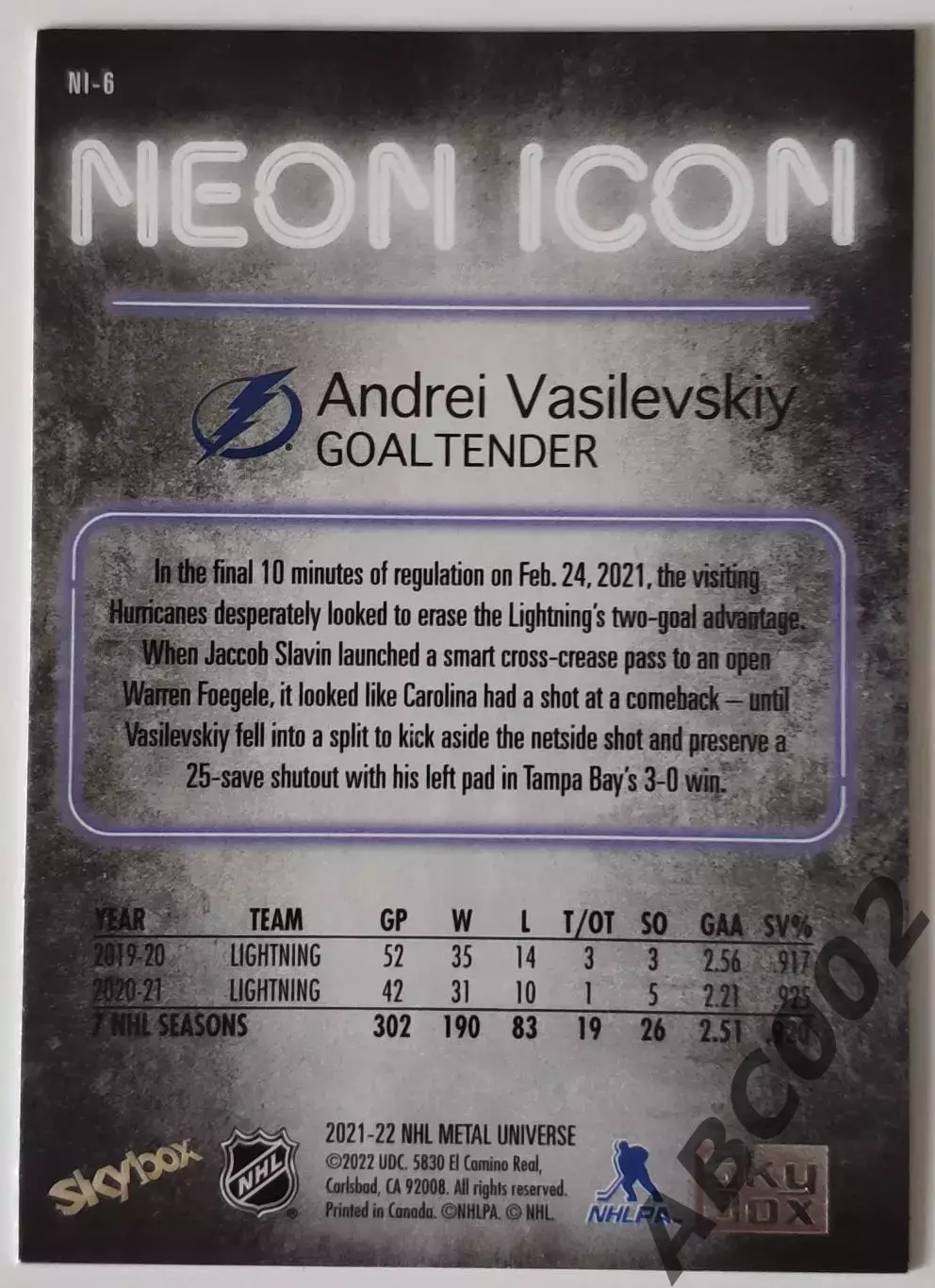 Карточка НХЛ / Andrei Vasilevskiy / Lightning 1
