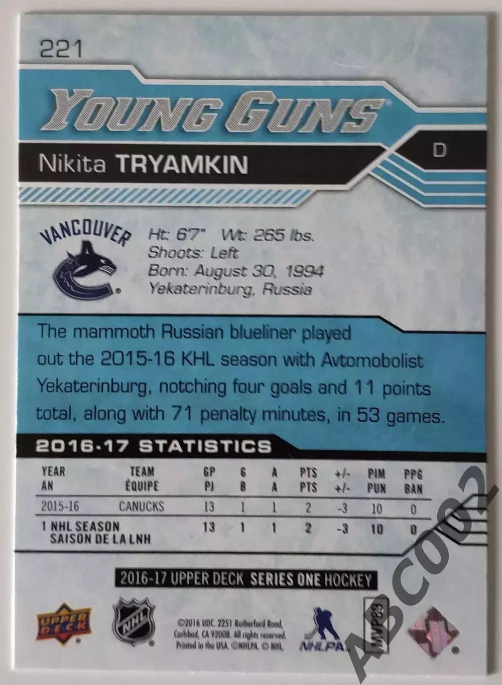 Карточка НХЛ / Young Guns / Nikita Tryamkin / Vancouver 1