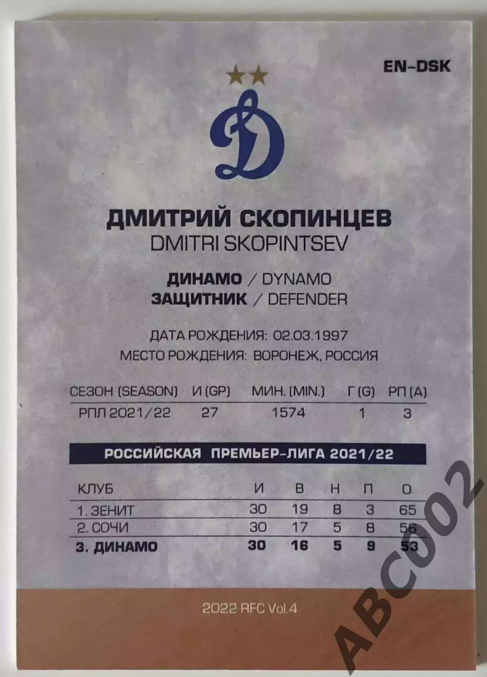 Карточка / Футбол / Дмитрий Скопинцев / 3 из 5 / ФК Динамо Москва / РПЛ 1