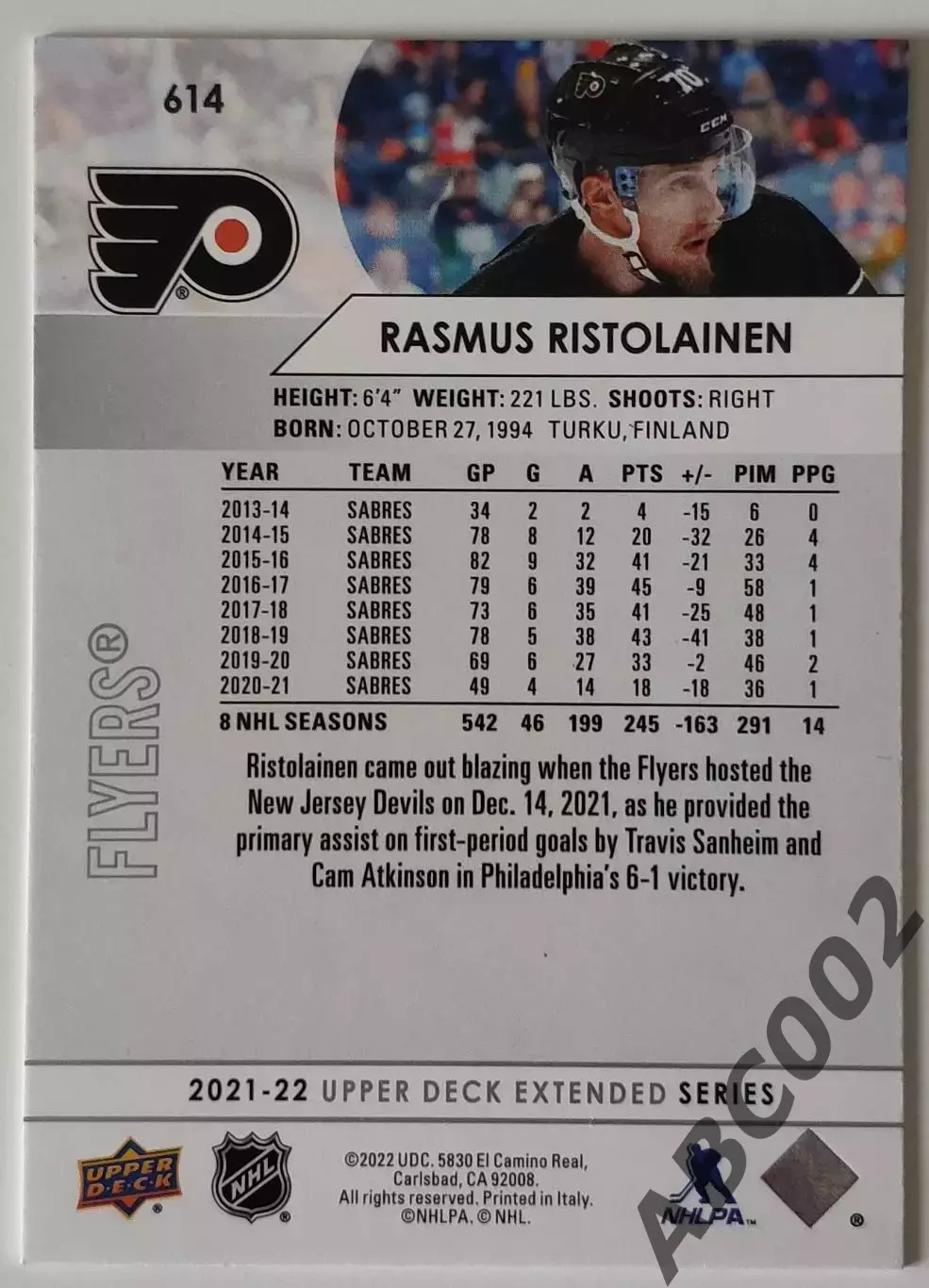 Карточка НХЛ / Rasmus Ristolainen / Flyers 1