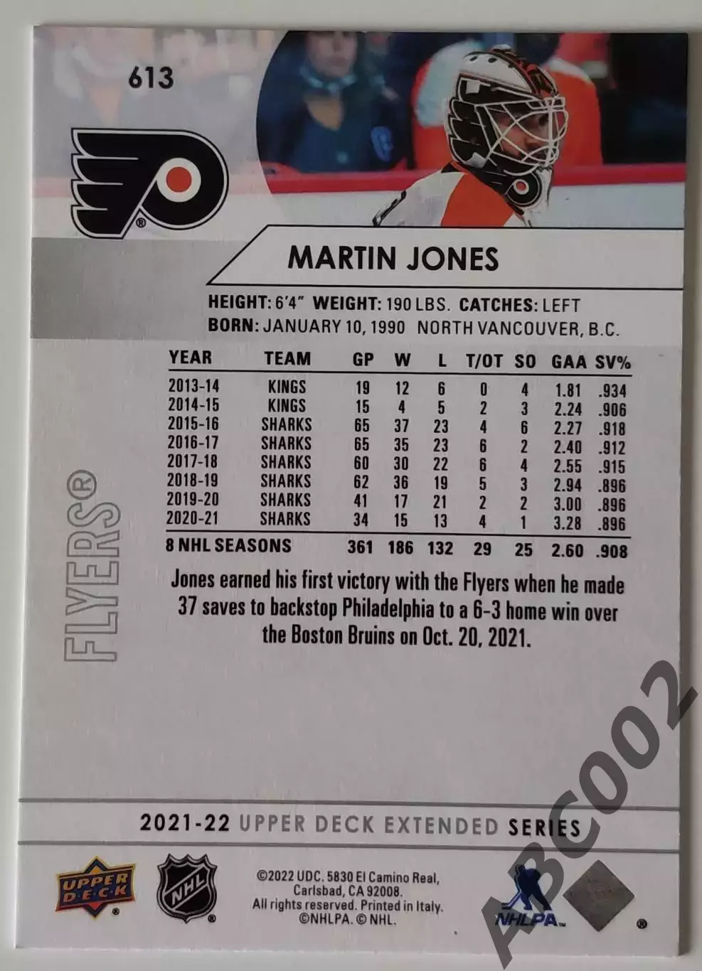 Карточка НХЛ / Martin Jones / Flyers 1