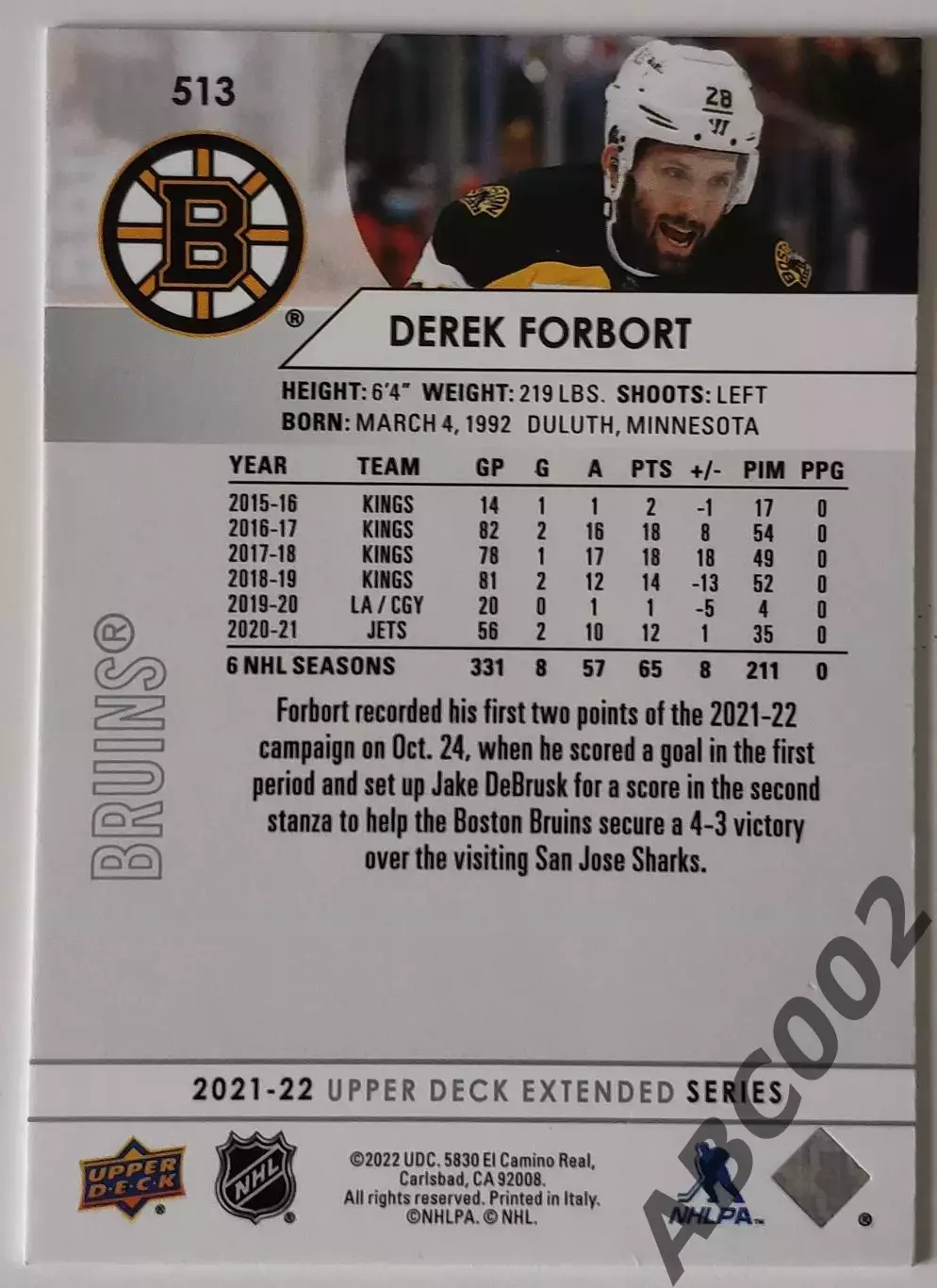 Карточка НХЛ / Derek Forbort / Bruins 1