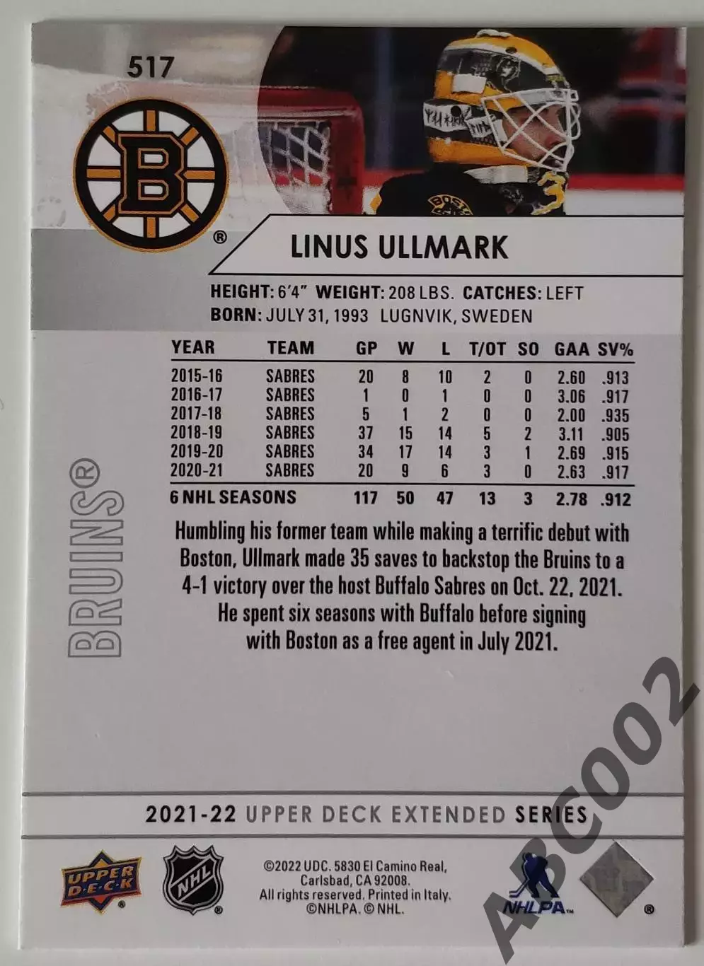 Карточка НХЛ / Linus Ullmark / Bruins 1