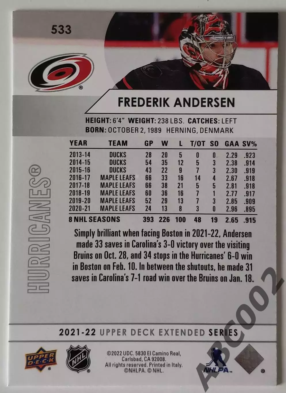 Карточка НХЛ / Frederik Andersen / Hurricanes 1