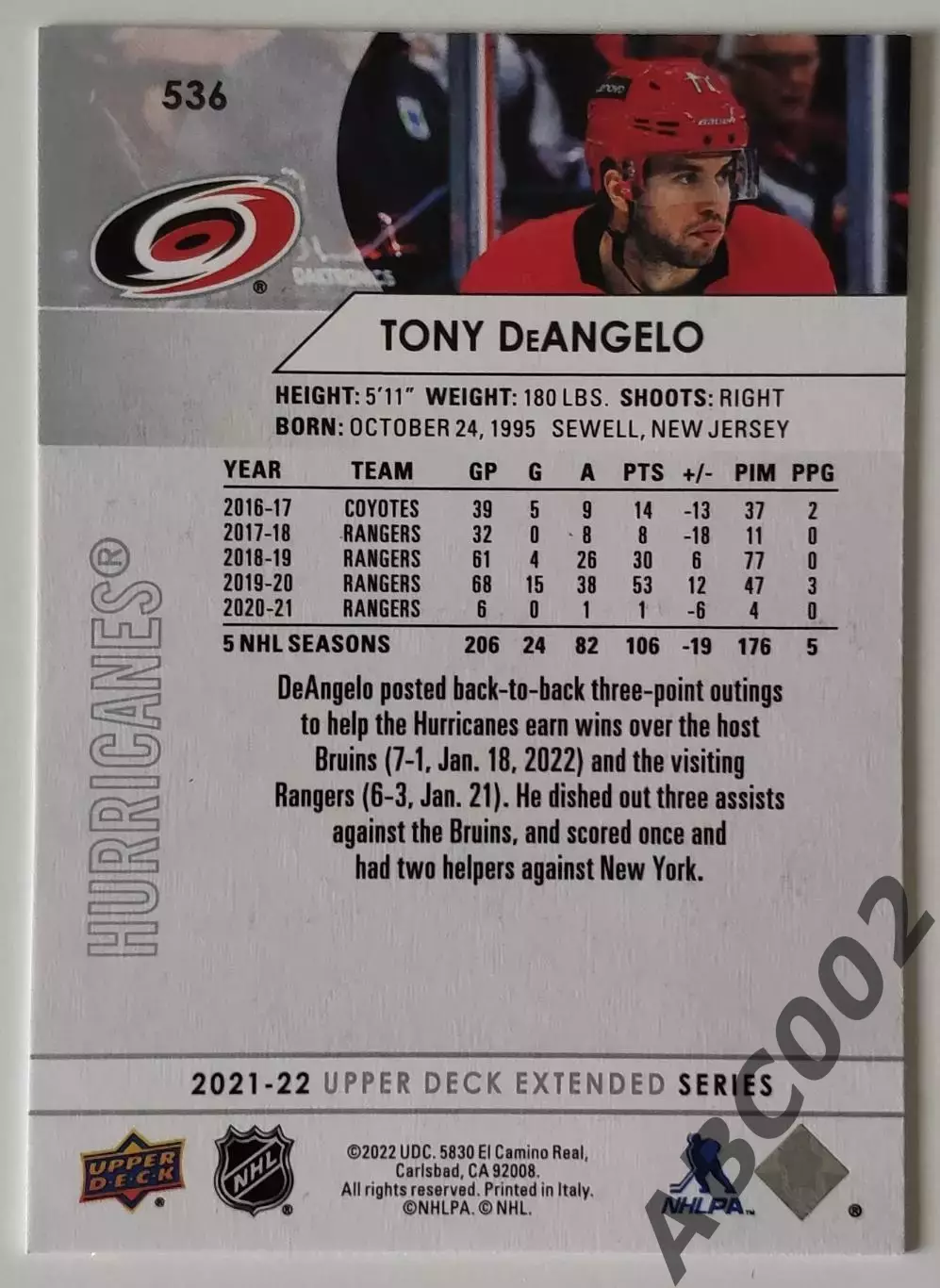 Карточка НХЛ / Tony DeAngelo / Hurricanes 1