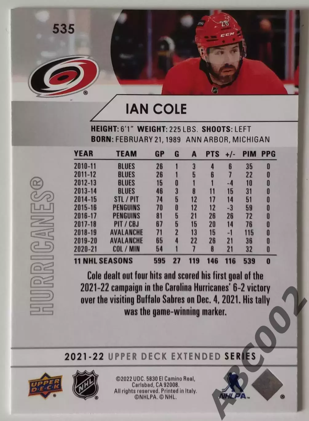 Карточка НХЛ / Ian Cole / Hurricanes 1