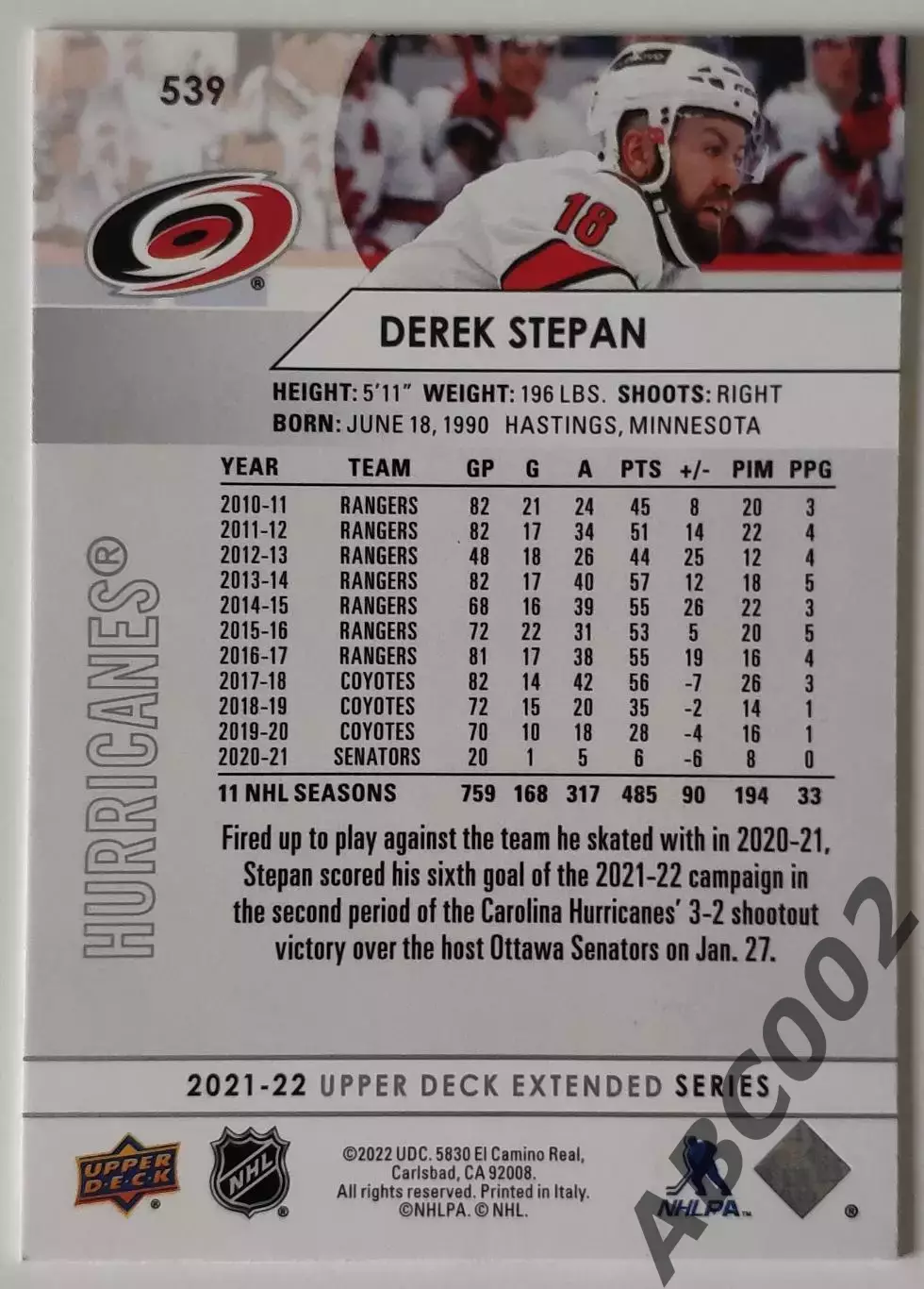Карточка НХЛ / Derek Stepan / Hurricanes 1