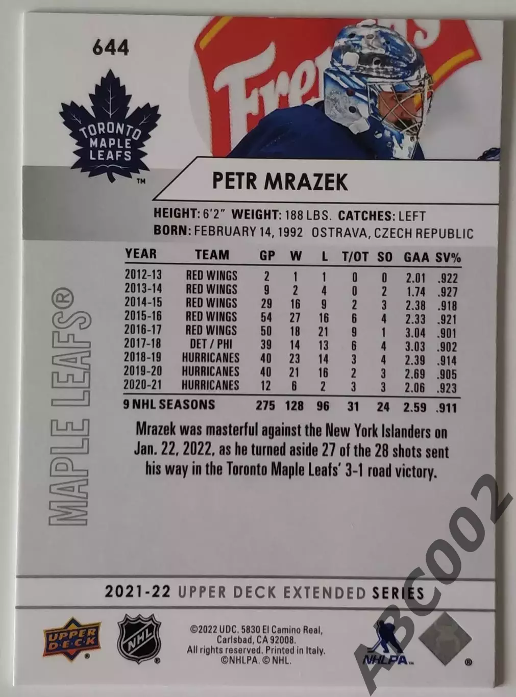 Карточка НХЛ / Petr Mrazek / Maple Leafs 1