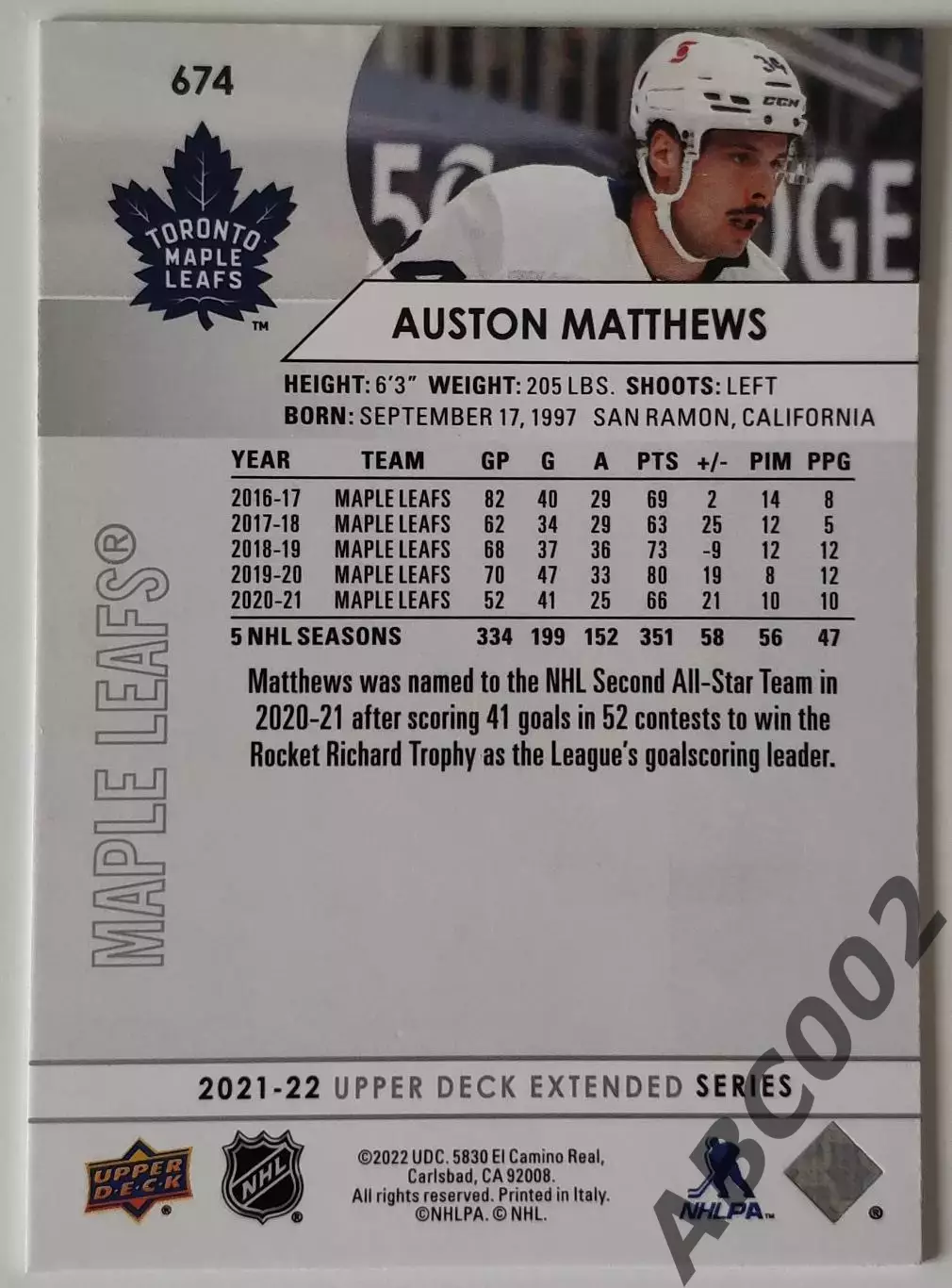 Карточка НХЛ / Auston Matthews / Maple Leafs 1