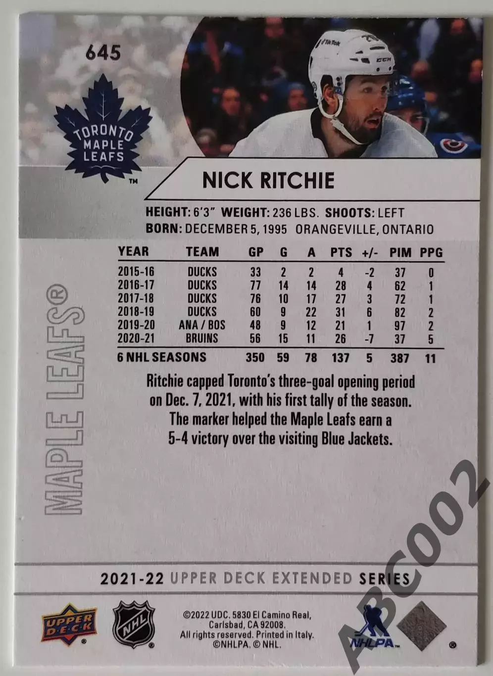 Карточка НХЛ / Nick Ritchie / Maple Leafs 1