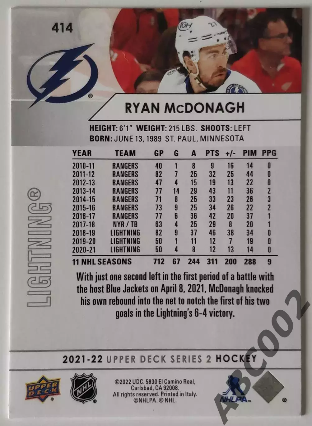 Карточка НХЛ / Ryan McDonagh / Lightning 1