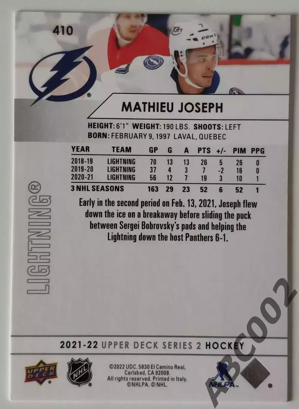 Карточка НХЛ / Mathieu Joseph / Lightning 1