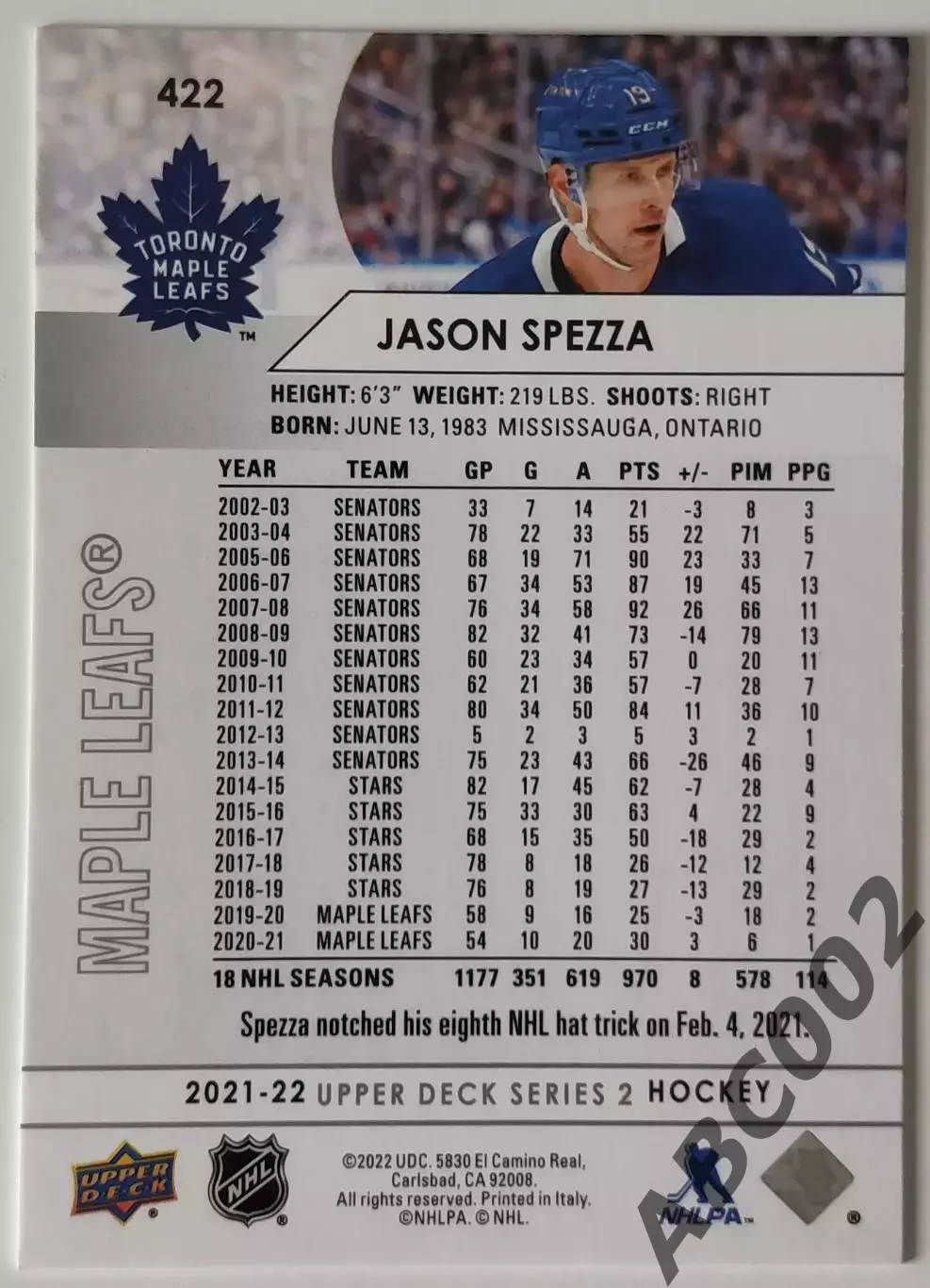Карточка НХЛ / Jason Spezza / Maple Leafs 1