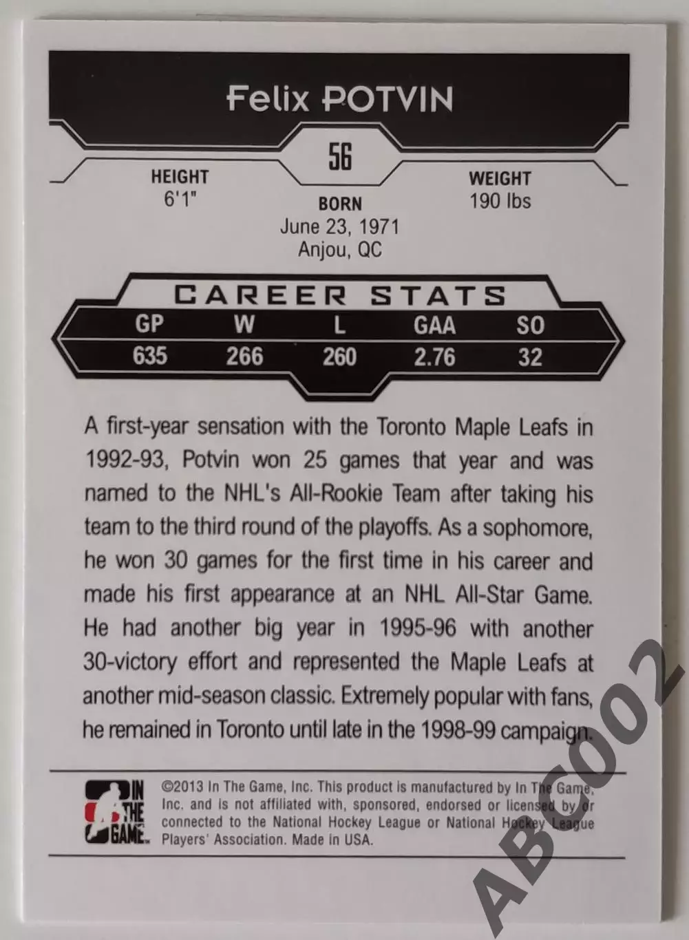 Карточка НХЛ / Felix Potvin / Maple Leafs / Decades 90 1