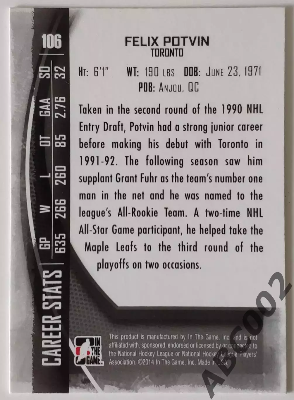 Карточка НХЛ / Felix Potvin / Maple Leafs / Between The Pipes 1