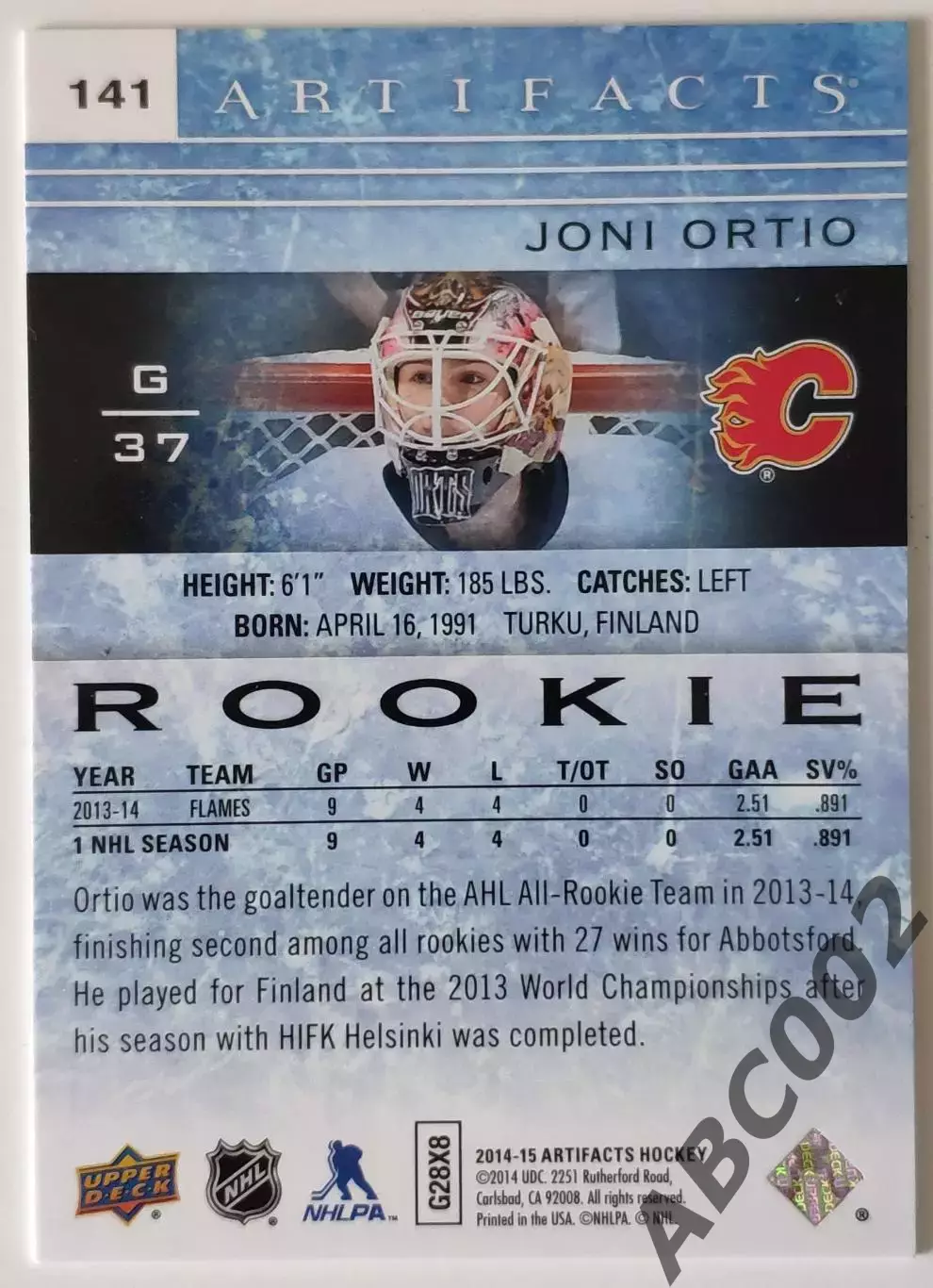 Карточка НХЛ / Joni Ortio / 995 из 999 / Flames / Artifacts 1