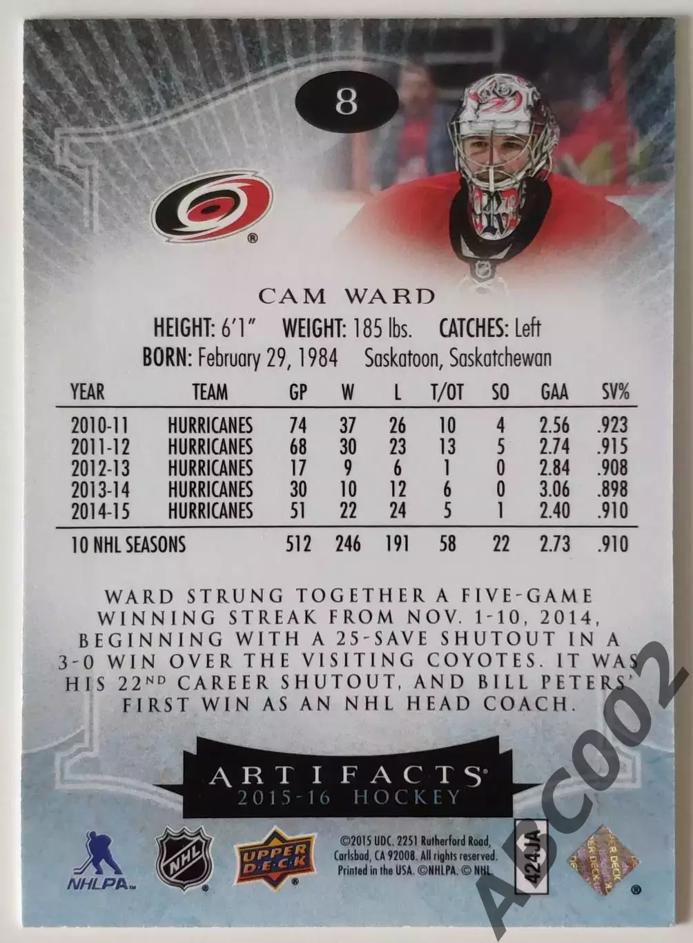 Карточка НХЛ / Cam Ward / 188 из 399 / Hurricanes / Artifacts 1