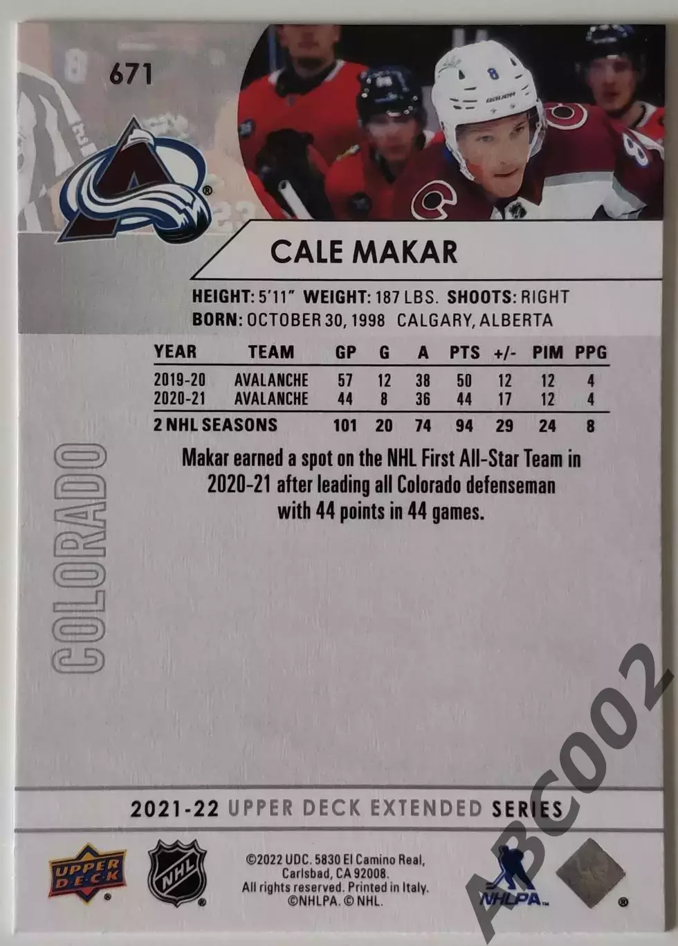 Карточка НХЛ / Cale Makar / Colorado 1