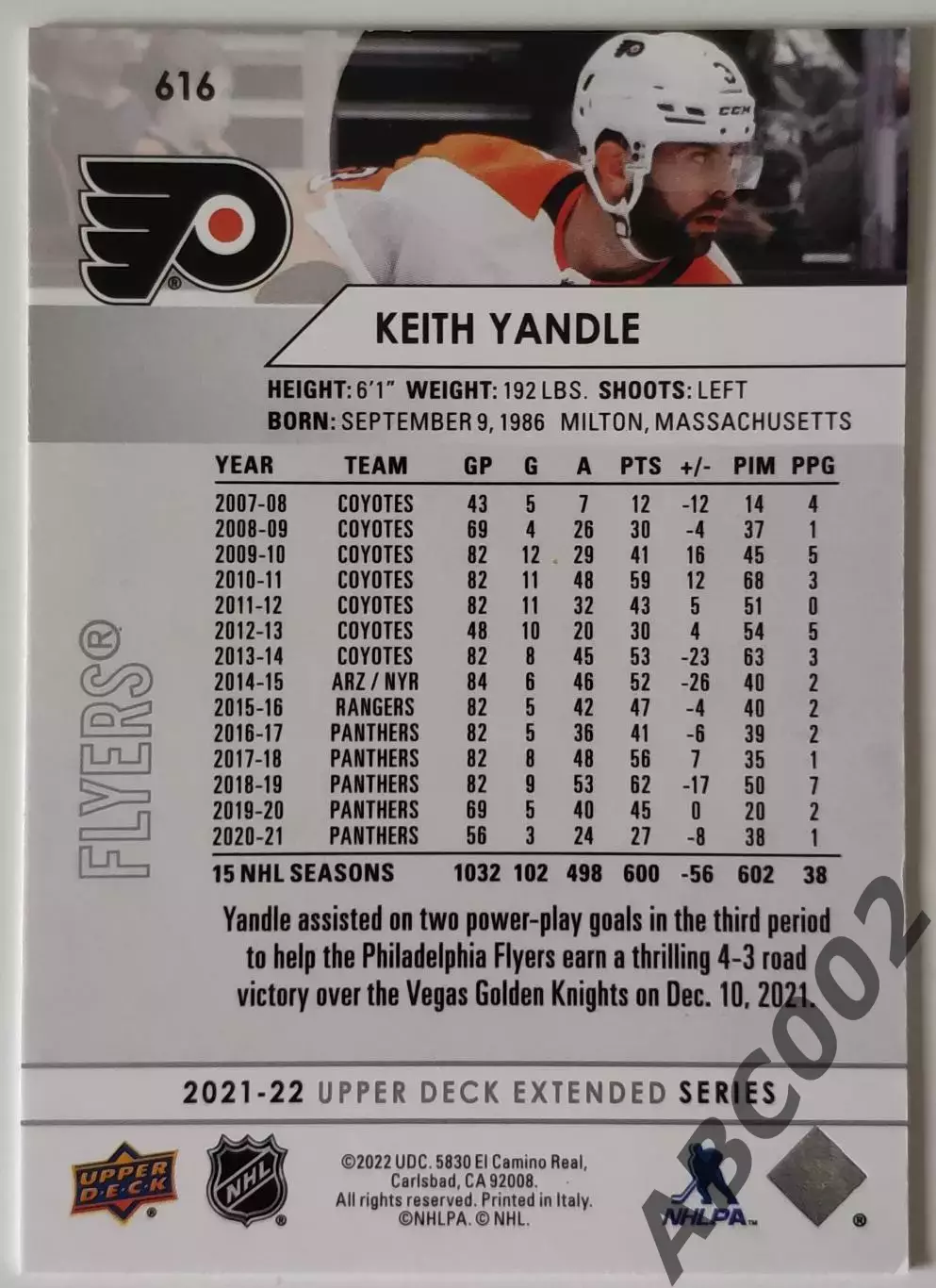 Карточка НХЛ / Keith Yandle / Flyers 1
