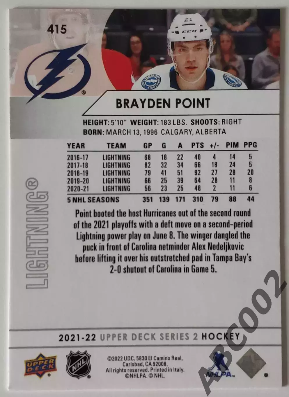 Карточка НХЛ / Brayden Point / Lightning 1