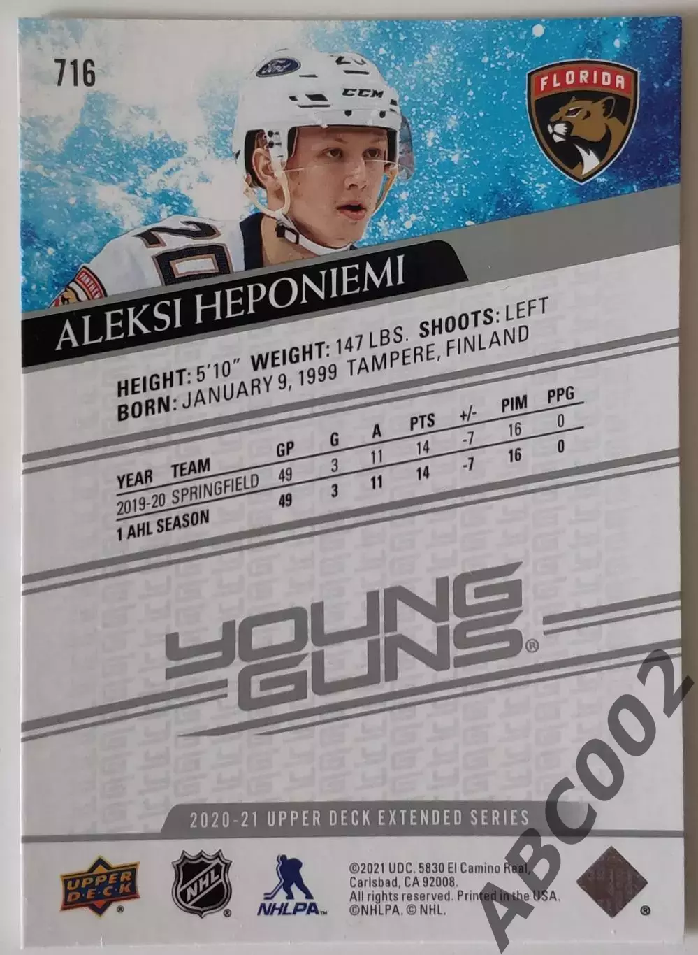 Карточка НХЛ / Young Guns / Aleksi Heponiemi / Panthers 1