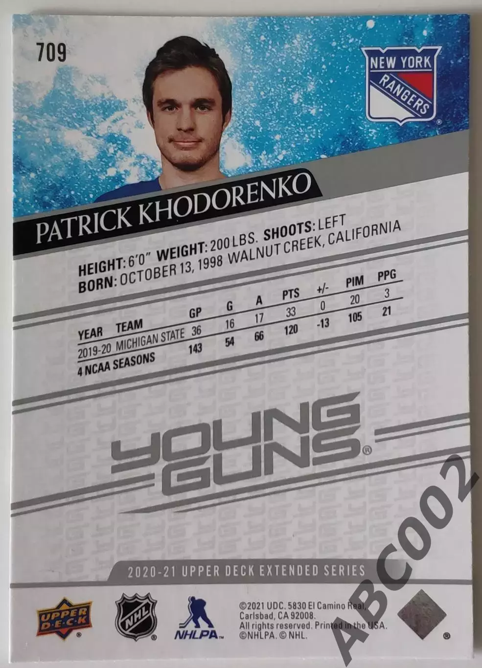 Карточка НХЛ / Young Guns / Patrick Khodorenko / Rangers 1