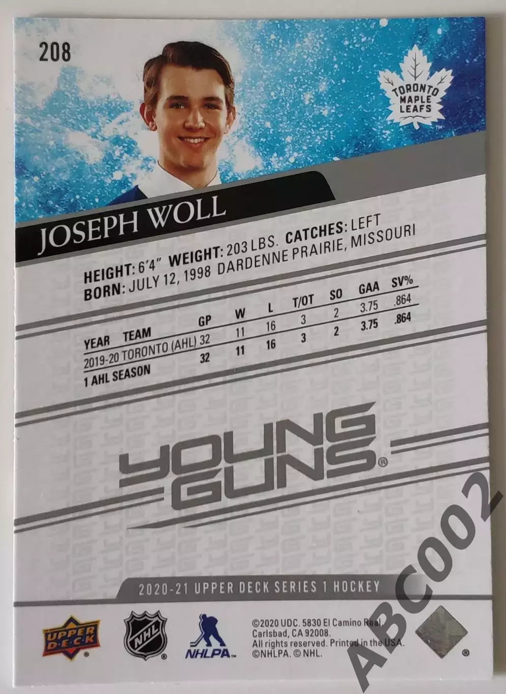 Карточка НХЛ / Young Guns / Joseph Woll / Maple Leafs 1