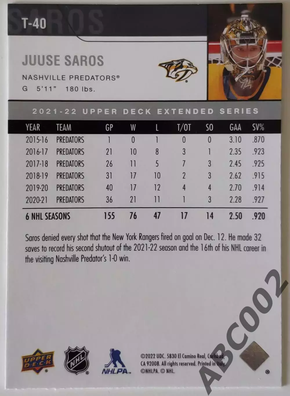 Карточка НХЛ / Juuse Saros / Nashville Predators 1