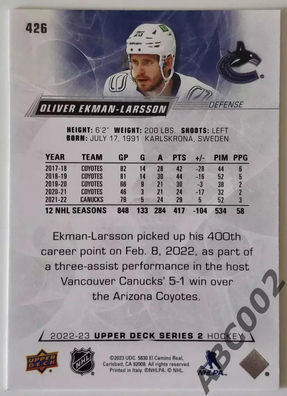 Карточка НХЛ / Oliver Ekman-Larsson / Canucks 1
