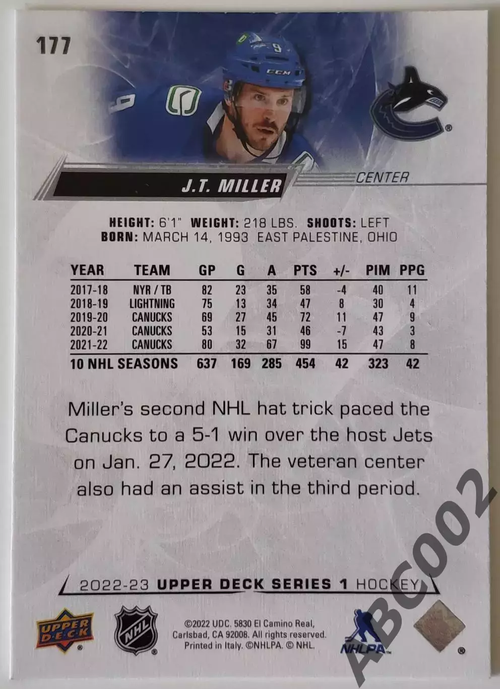 Карточка НХЛ / J.T. Miller / Canucks 1