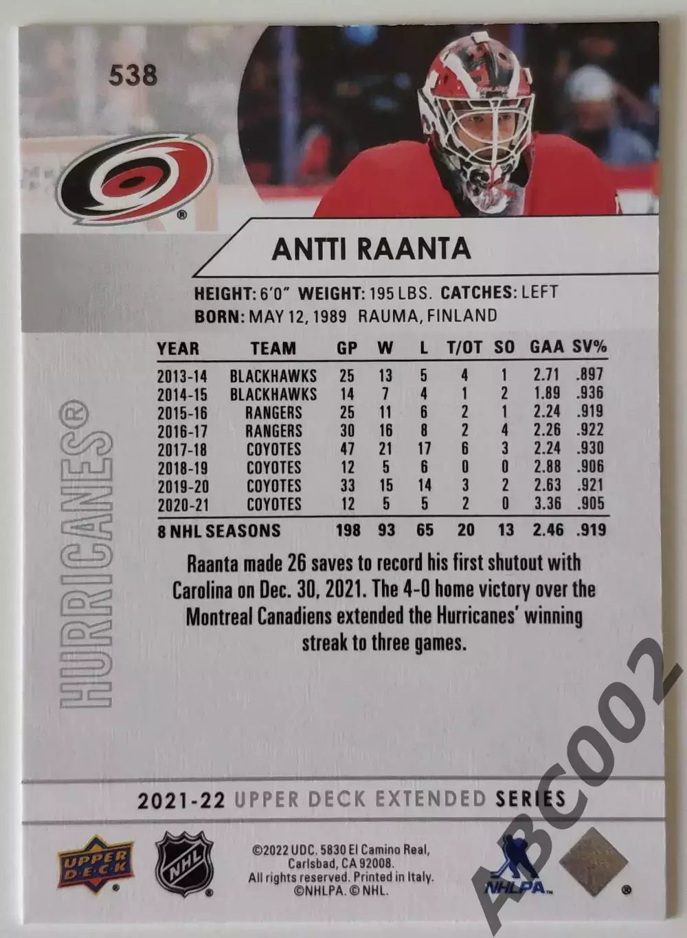 Карточка НХЛ / Antti Raanta / Hurricanes 1