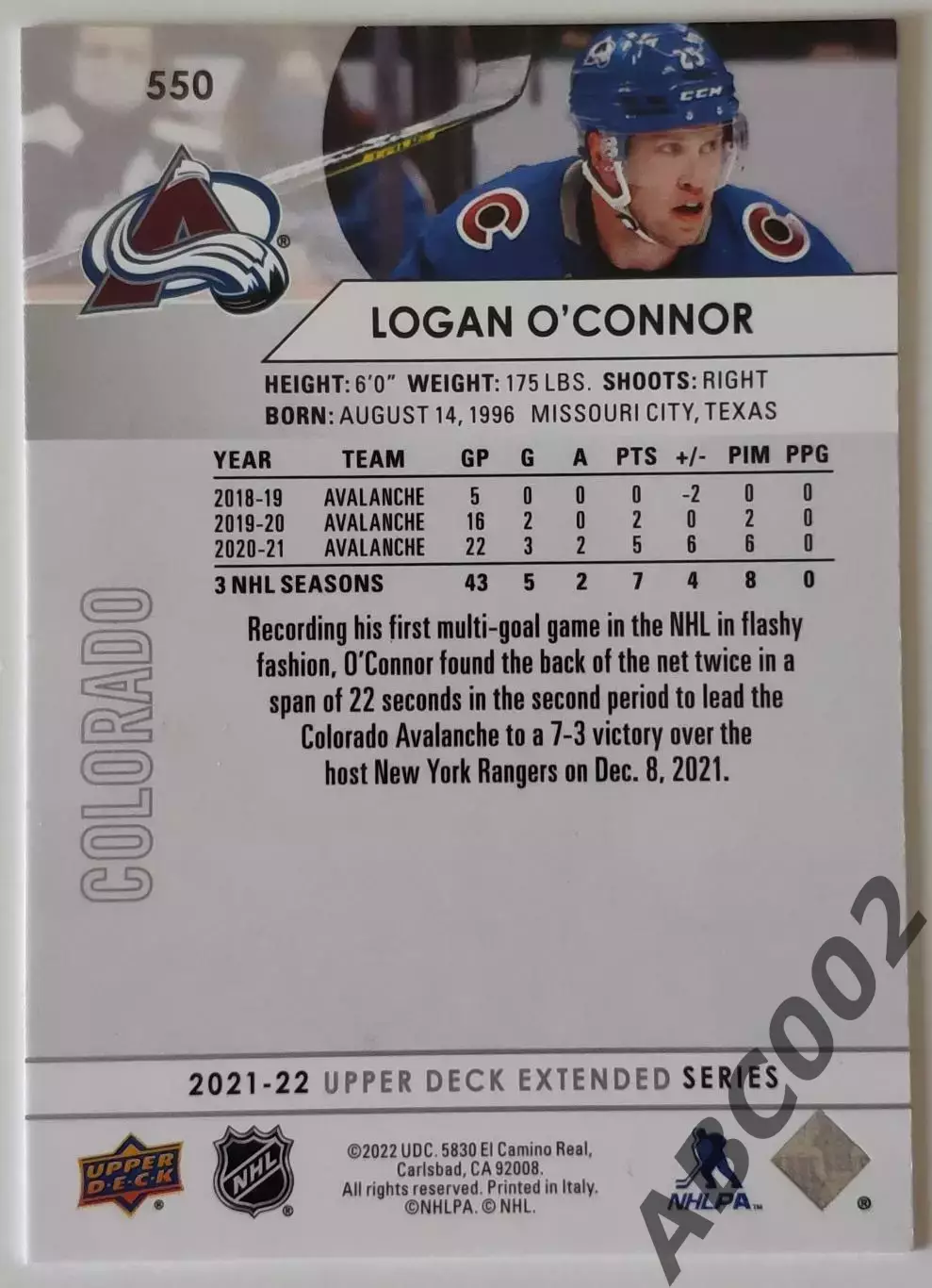 Карточка НХЛ / Logan O'Connor / Colorado 1