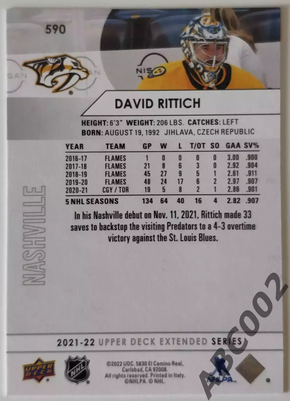 Карточка НХЛ / David Rittich / Nashville 1