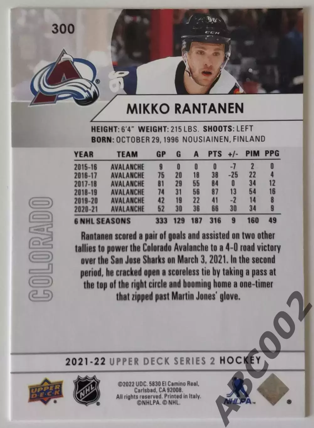 Карточка НХЛ / Mikko Rantanen / Colorado 1