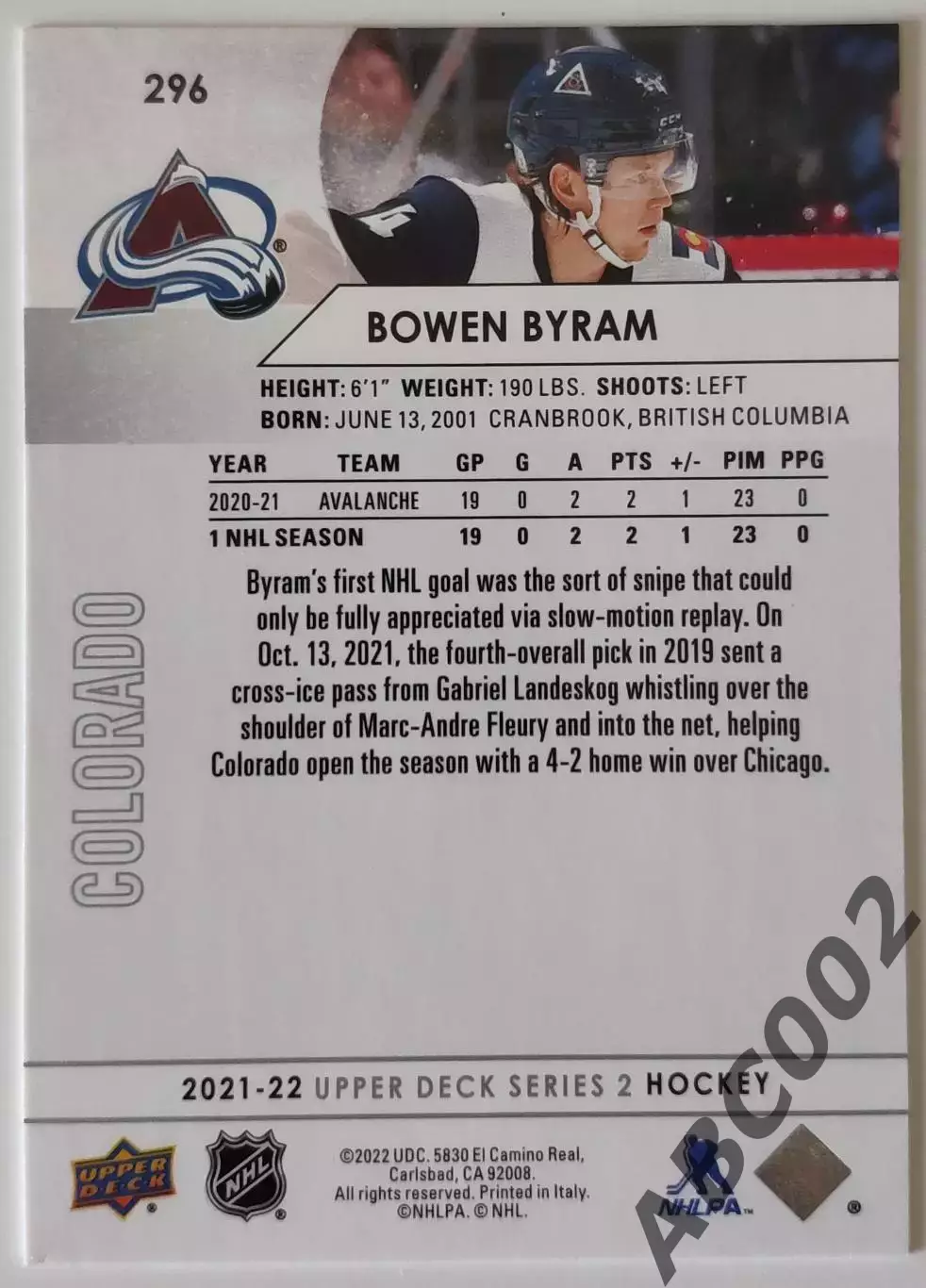 Карточка НХЛ / Bowen Byram / Colorado 1