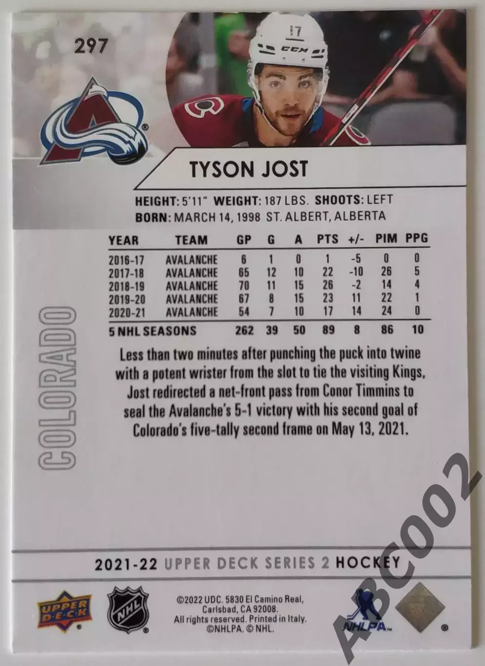Карточка НХЛ / Tyson Jost / Colorado 1