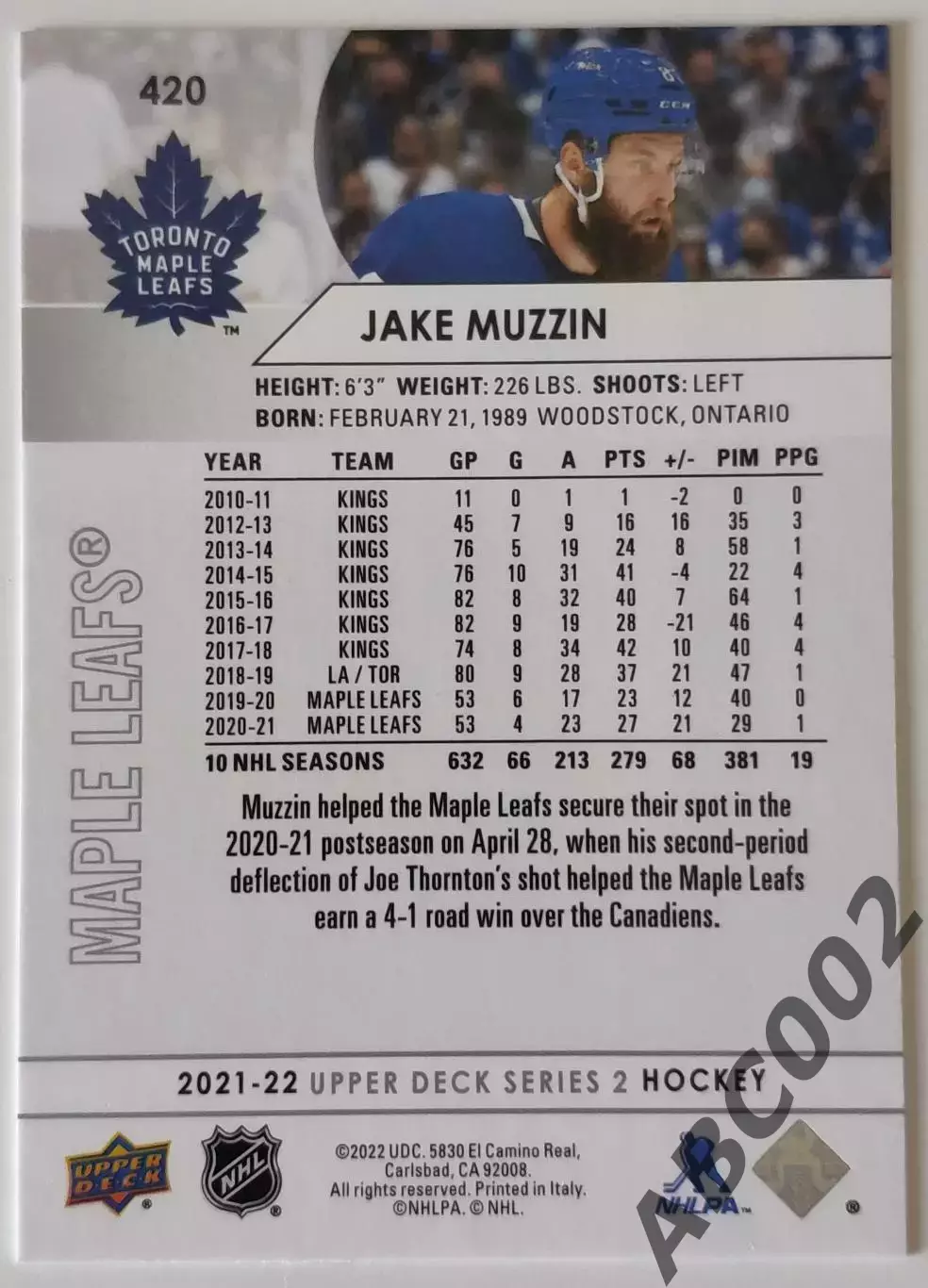 Карточка НХЛ / Jake Muzzin / Maple Leafs 1