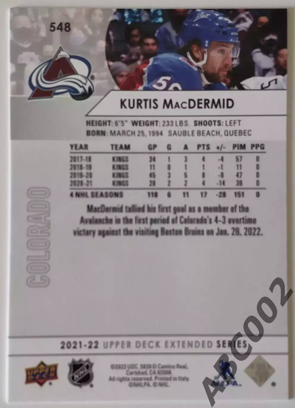 Карточка НХЛ / Kurtis MacDermid / Colorado 1