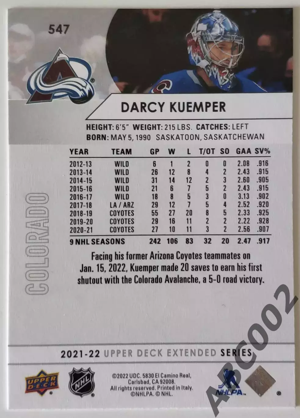 Карточка НХЛ / Darcy Kuemper / Colorado 1