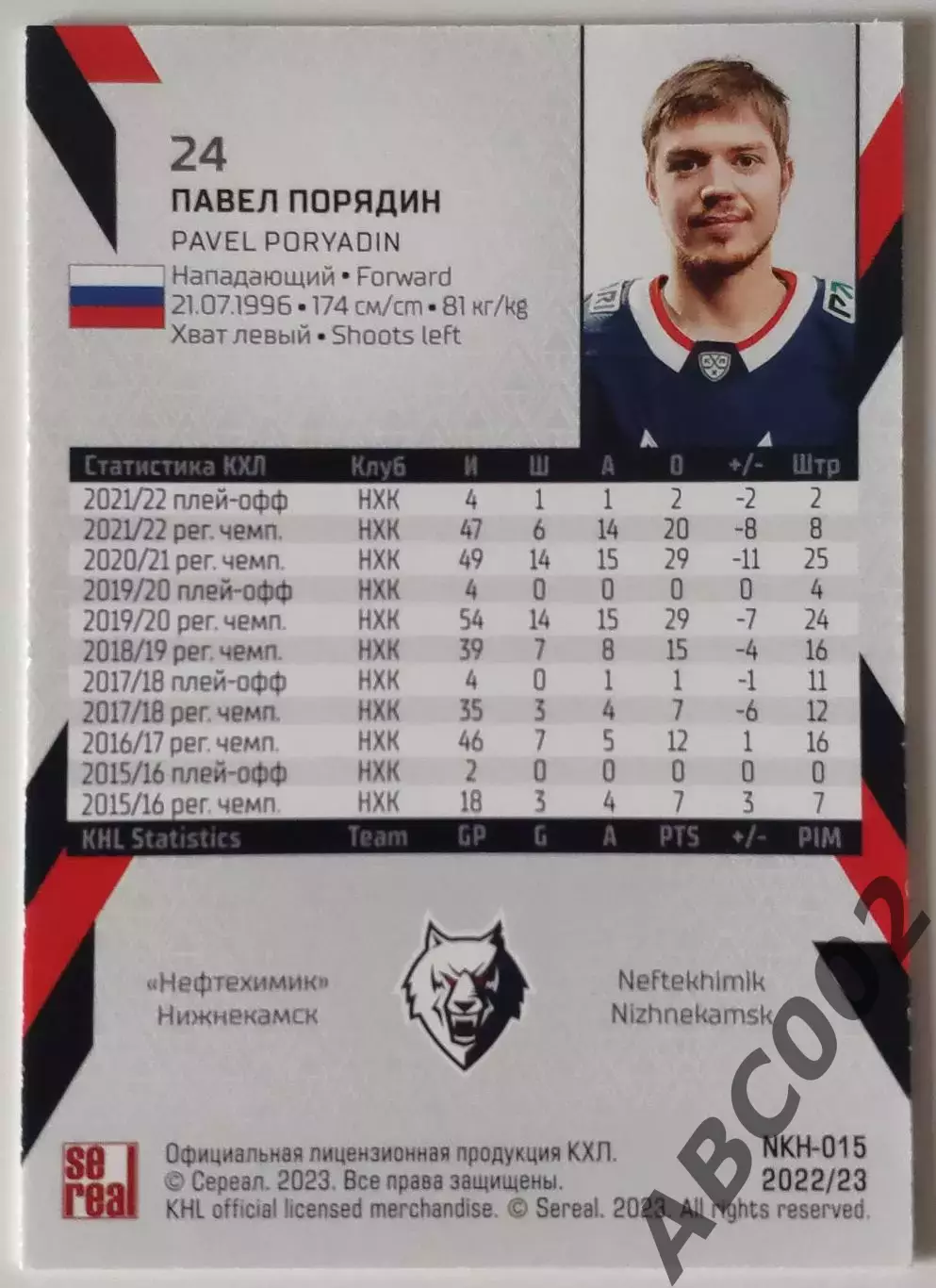 Карточка КХЛ / Павел Порядин / 15 сезон / Нефтехимик Нижнекамск 1