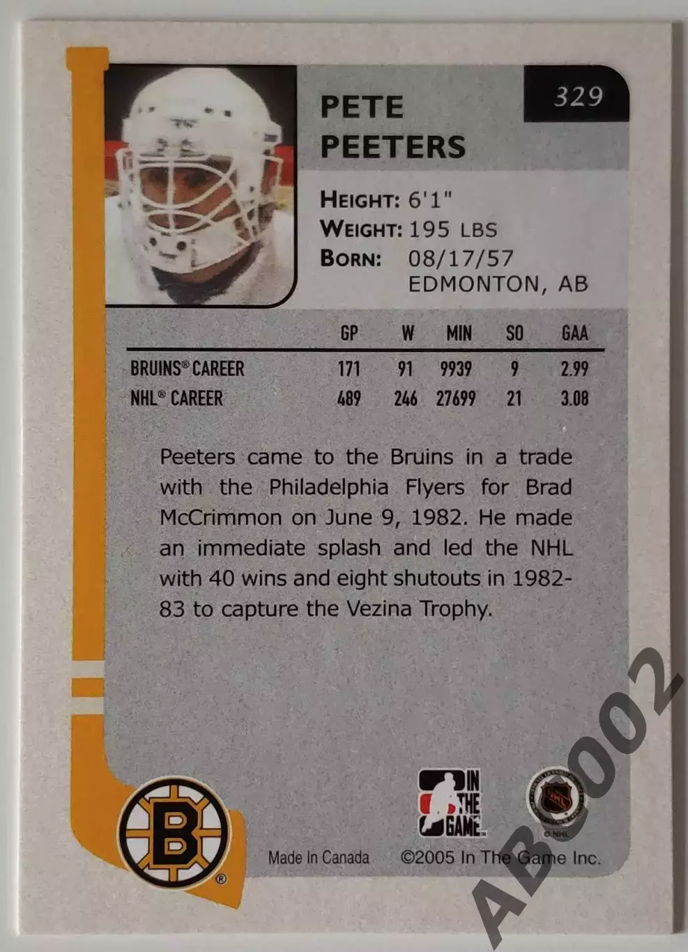 Карточка НХЛ / Pete Peeters / Bruins / In The Game 1