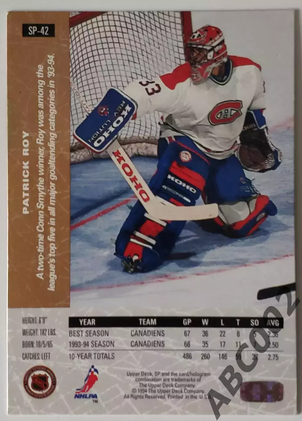 Карточка НХЛ / Patrick Roy / Canadiens / Upper Deck SP 1