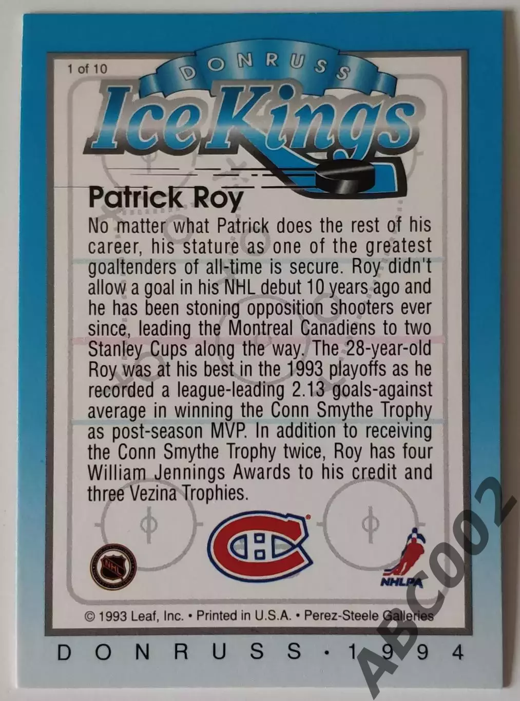 Карточка НХЛ / Patrick Roy / Canadiens / Donruss Ice Kings 1