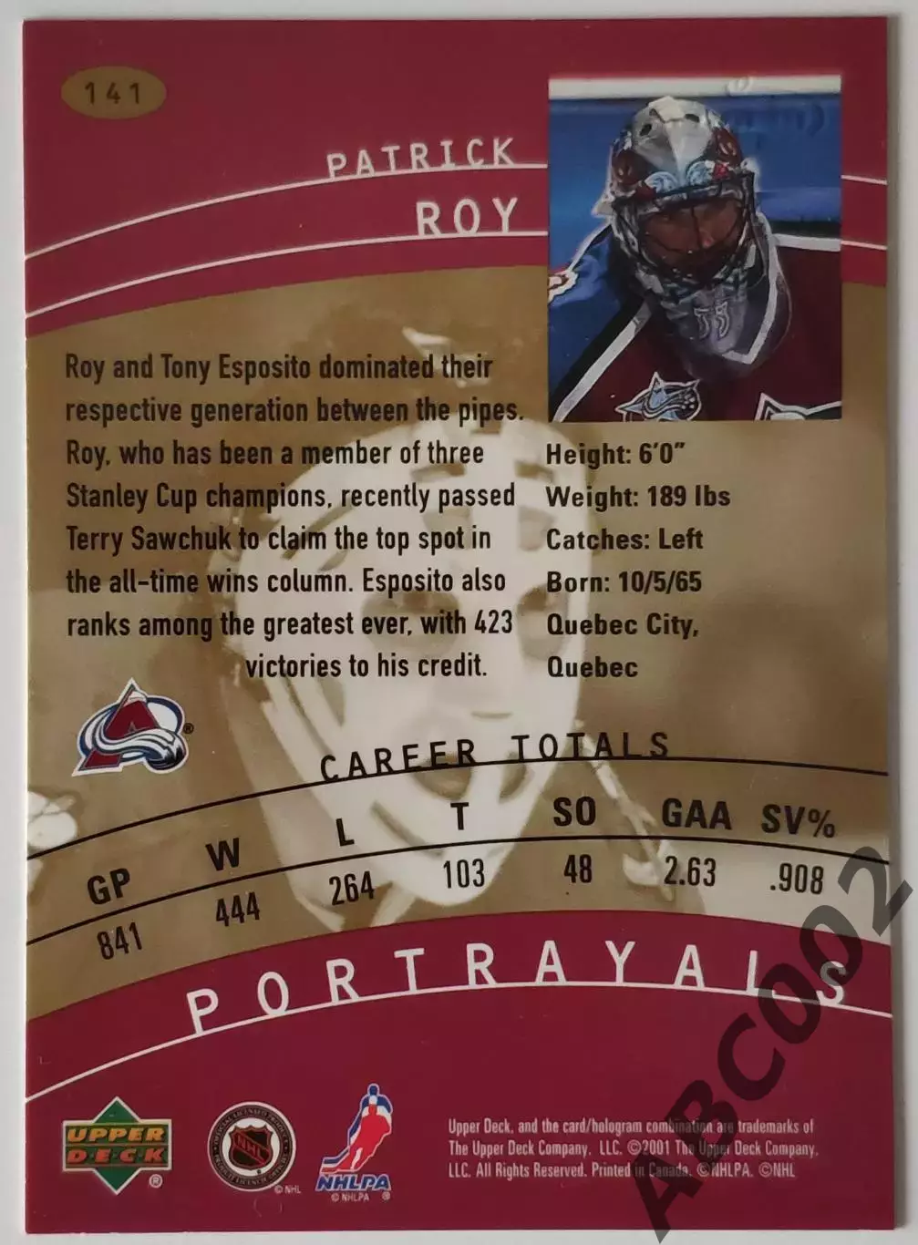 Карточка НХЛ / Patrick Roy / Canadiens / Portrayals 1