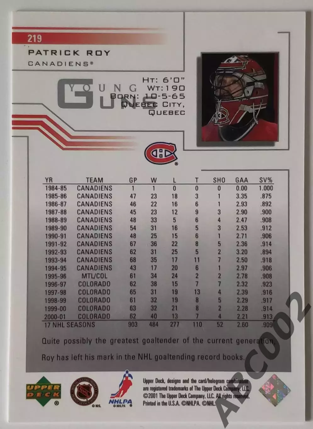 Карточка НХЛ / Patrick Roy / Canadiens / Young Guns 1