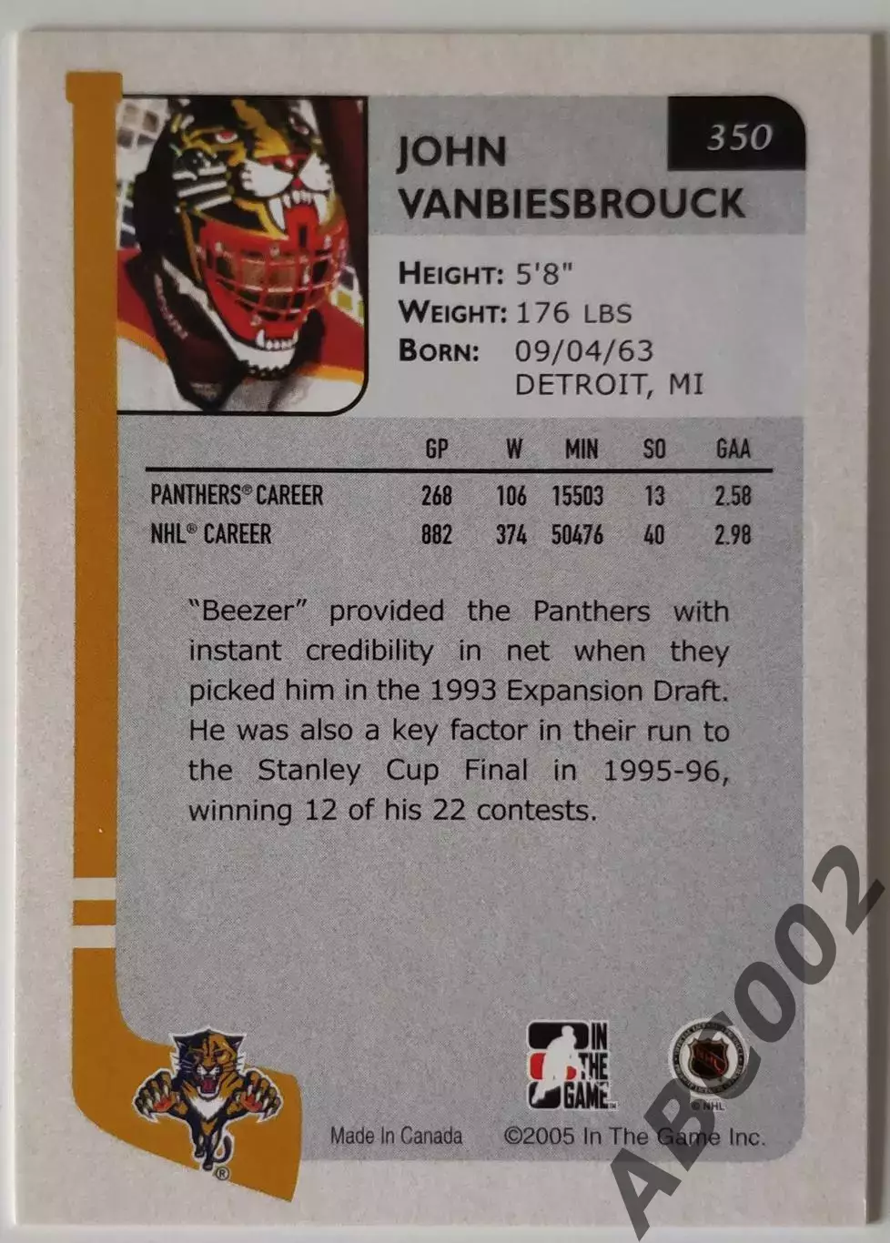 Карточка НХЛ / John Vanbiesbrouck / Panther / In The Game 1