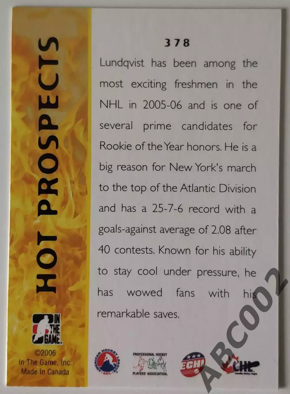 Карточка НХЛ / Henrik Lundqvist / Sweden / In The Game 1
