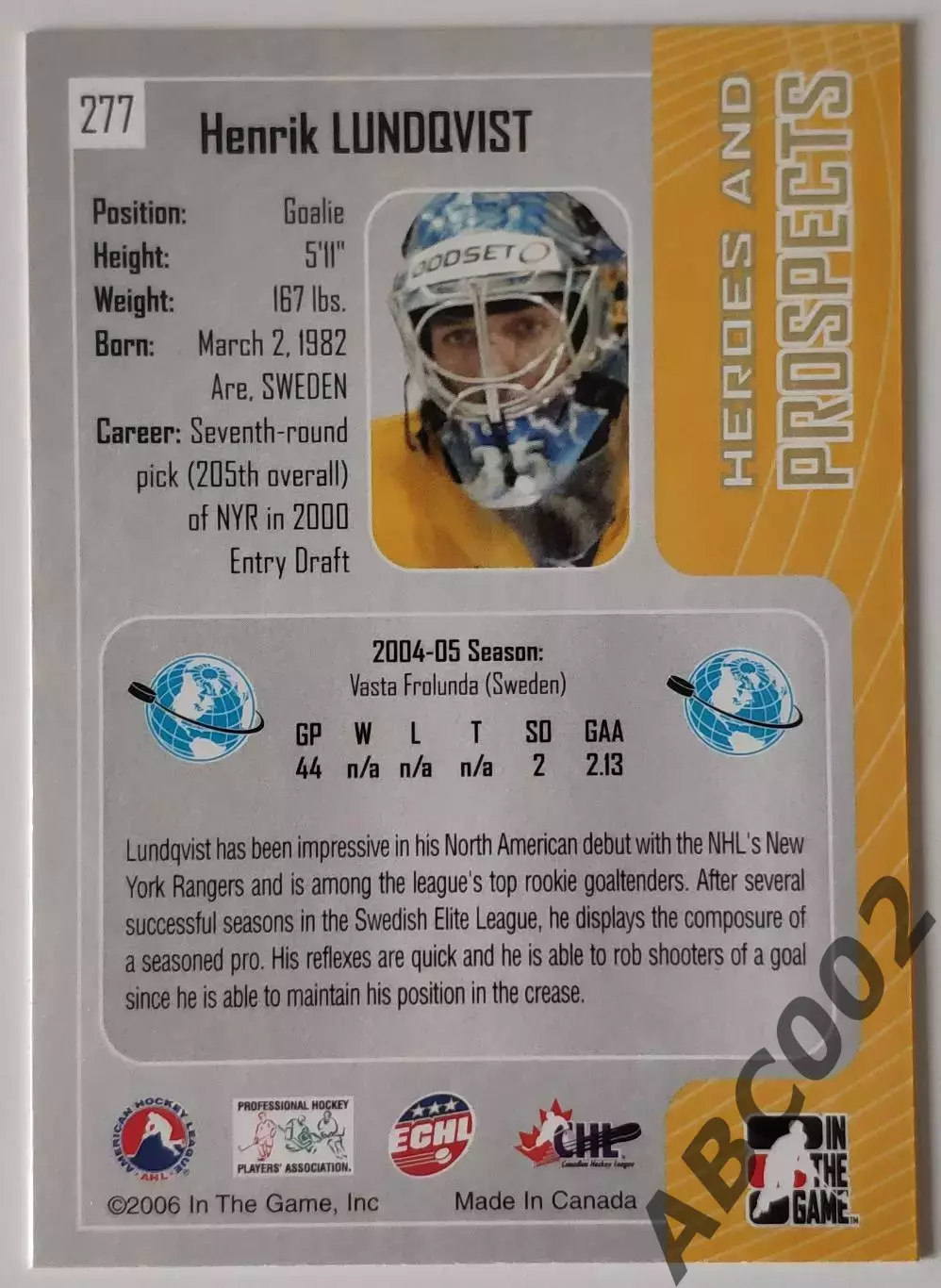 Карточка НХЛ / Henrik Lundqvist / Sweden / World Prospect 1