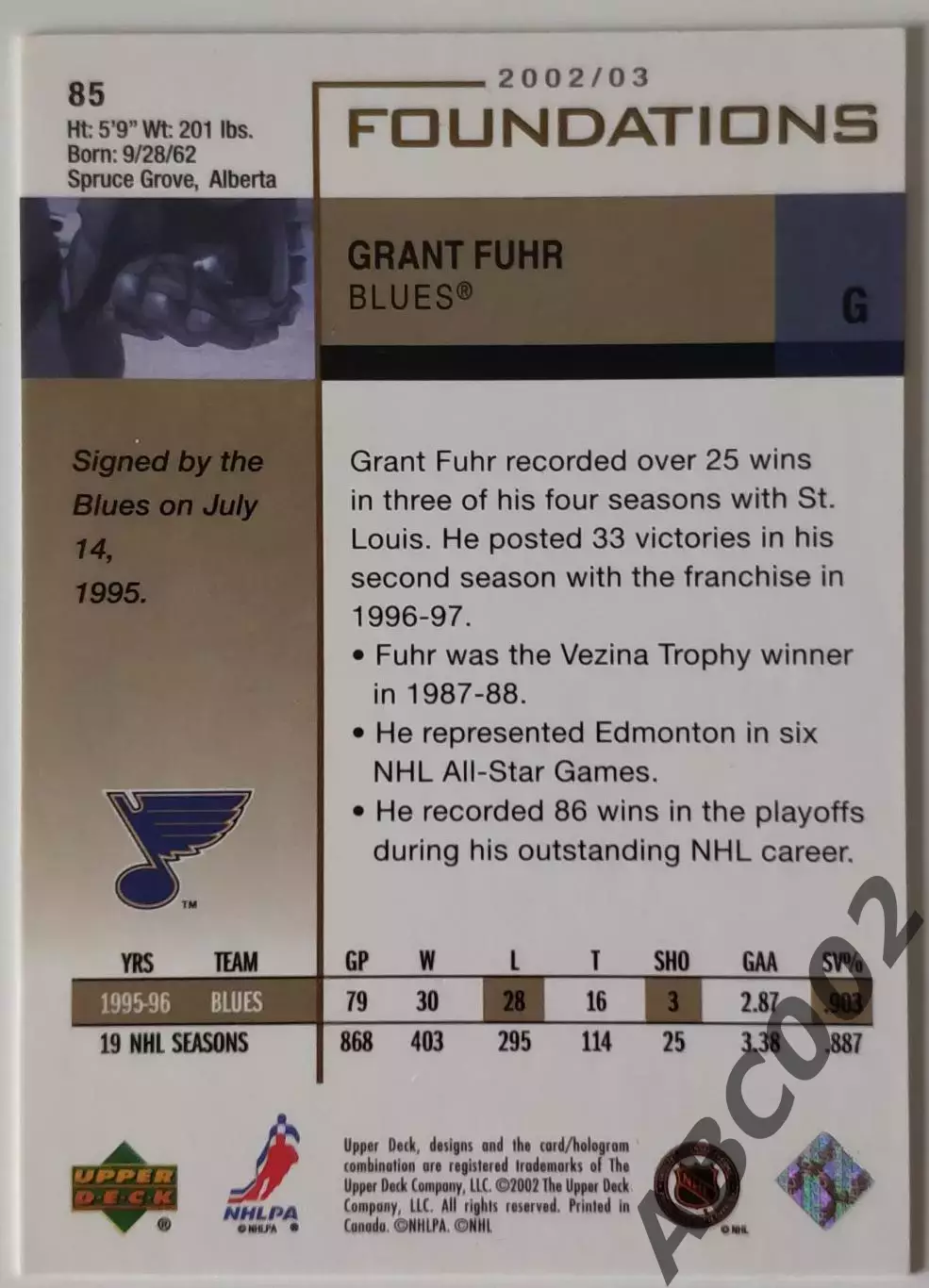 Карточка НХЛ / Grant Fuhr / Blues / Foundations 1